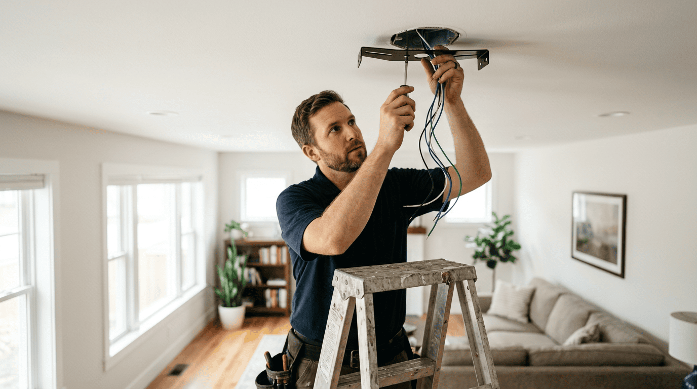 An electrician on a ladder securing a ceiling fan bracket to a mounting box on the ceiling