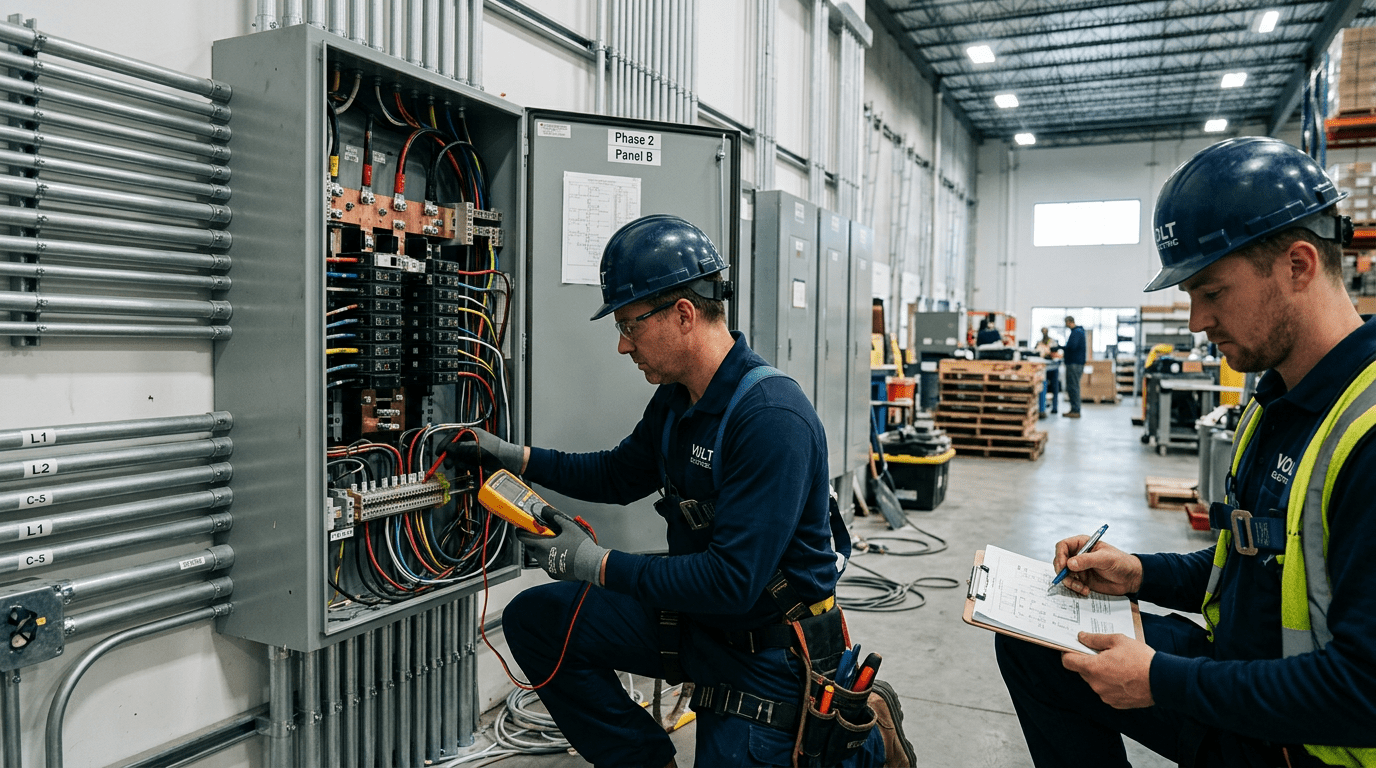 Professional commercial electricians at work Commercial electrical services — Two professional electricians inspecting a commercial electrical panel with a multimeter in a warehouse