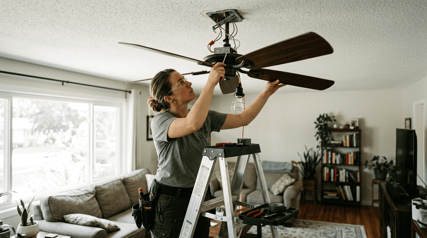 An electrician on a ladder inspecting a tilted ceiling fan mounting box overhead