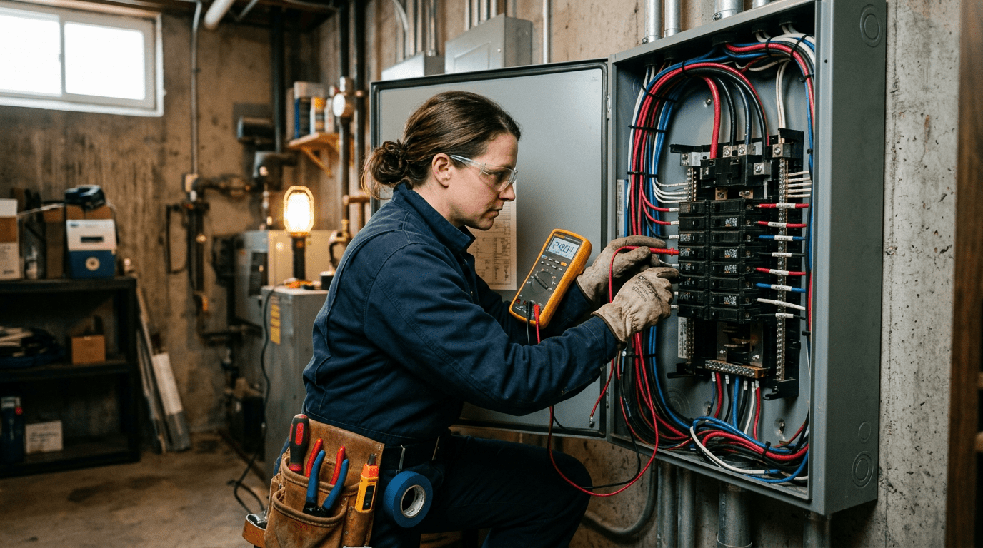Electrician testing a commercial electrical panel during a repair service call