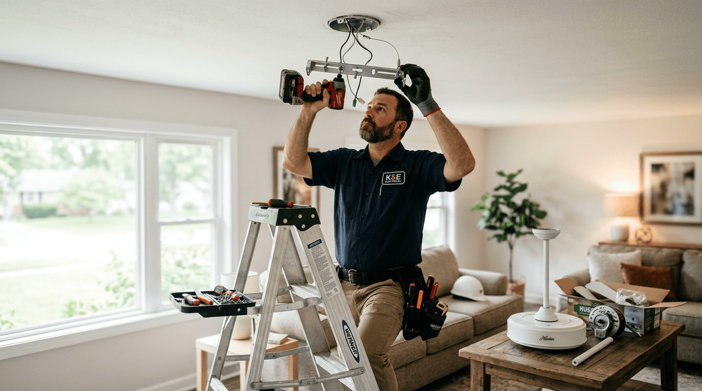 An electrician on a ladder attaching a downrod bracket to a ceiling box beside flush-mount and extended fan options